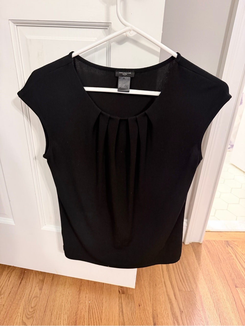 LOFT Black Pleated Cap-Sleeve Blouse